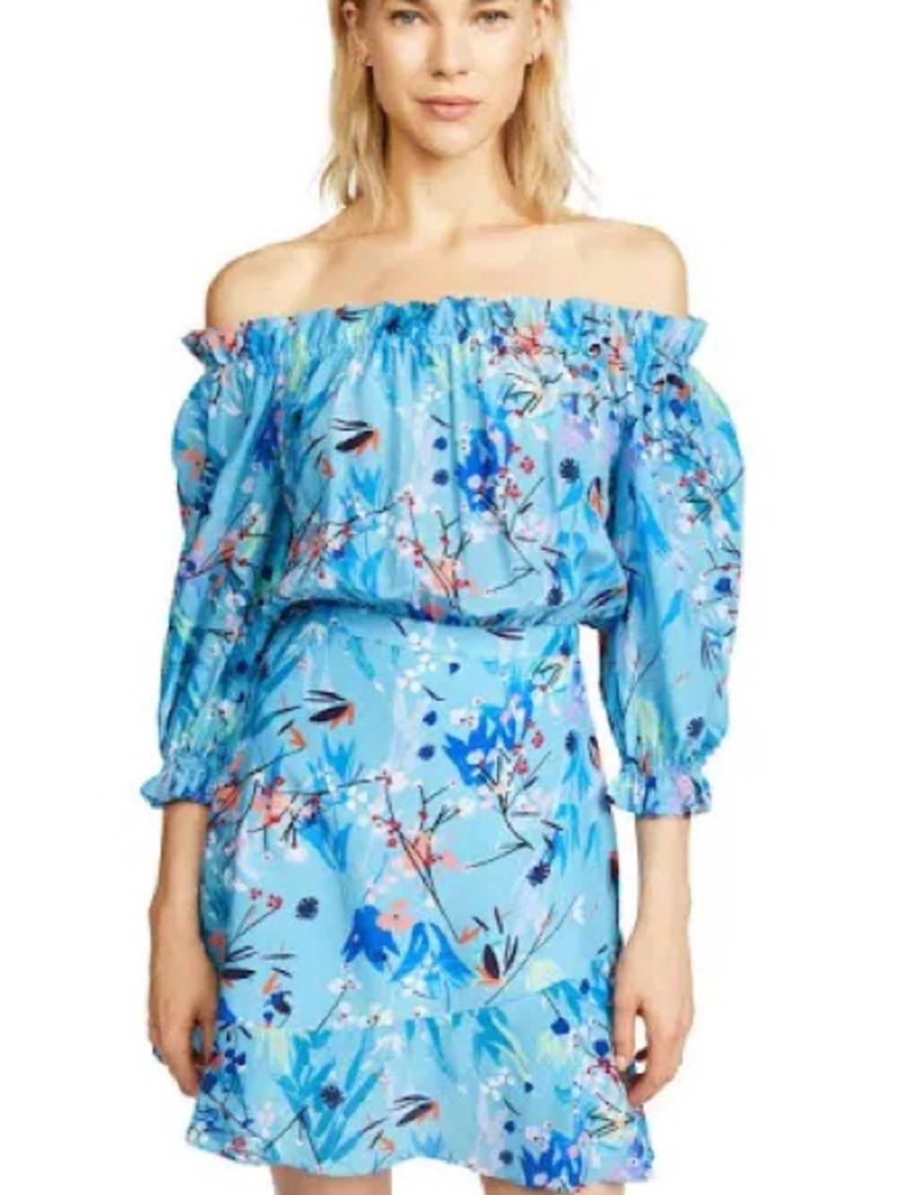 Saloni Grace Silk Off The Shoulder Mini Dress in Bluebell Floral Print. Size 8.